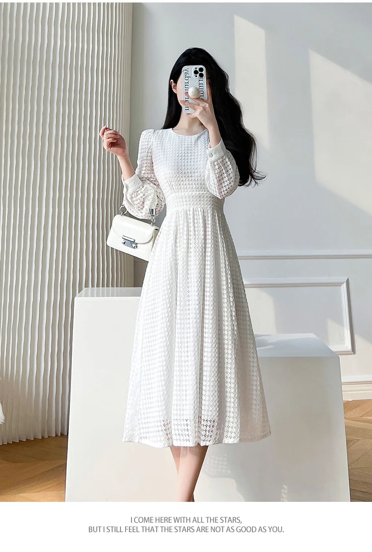 Lace Long Sleeves White Midi Dresses for Women 2025 New Autumn French Elegant Fashion Evening Wedding Party Robe Female Clothing
