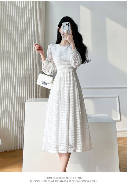 Lace Long Sleeves White Midi Dresses for Women 2025 New Autumn French Elegant Fashion Evening Wedding Party Robe Female Clothing