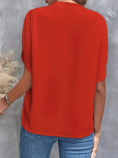 Summer Elegant Women's Blouse New V-neck Short Sleeve Solid Color Loose Shirt Casual White Tops Office Lady Blouse