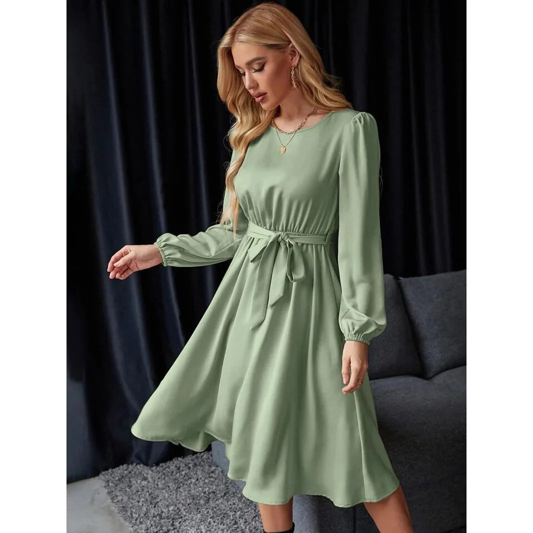Summer Women's New Fashion Lantern Sleeves Keyhole Back Lace Up Waist Satin Round Neck Long Sleeve Medium Length Dress