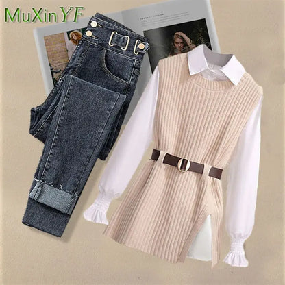 2025 Spring New Korean Elegant in Matching Set Women's Fashion Knitted Vest+ Shirt+ Jeans Three Piece Female Chic Denim Pants Suit