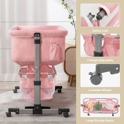 Baby Bassinet, Bedside Sleeper with Wheels, Height Adjustable, for Infant/Baby/Newborn Girls & Boys 0-6 Months, Pink