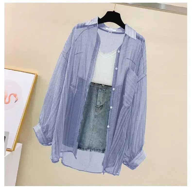 Shirts Women Sheer Thin Chic Summer Simple Solid Sun-proof Temper Fashion Baggy All-match Basic Korean Style Clothes