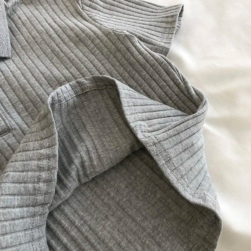 Women Knit School Polo Neck Cropped Shirt Summer Short Sleeve Youthful Solid Color Crop Top Female Basic Blouse Lady Pullover