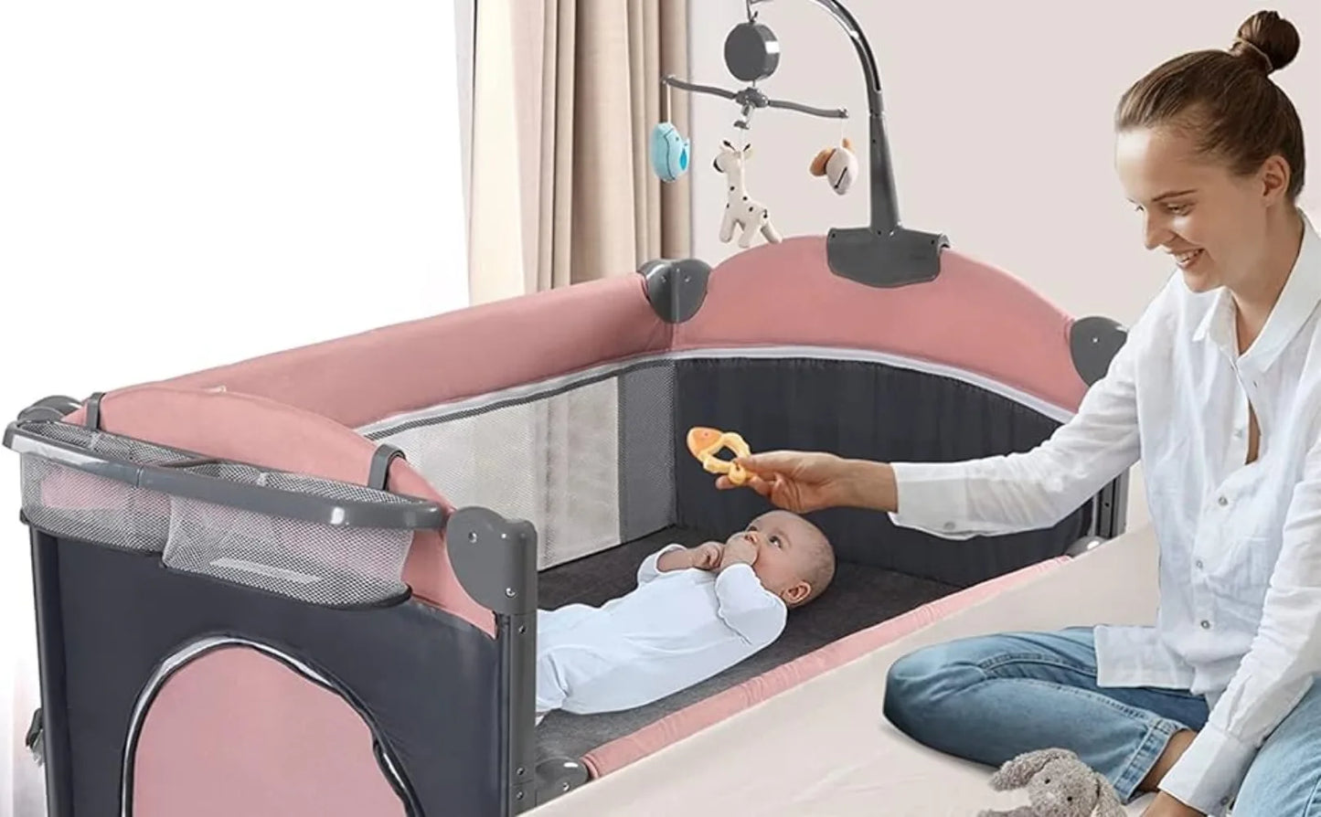5 in 1 Baby Crib,Baby Bassinet, Bedside Cribs, Pack and Play with Bassinet and Changing Table, Portable Travel Baby Bassinet