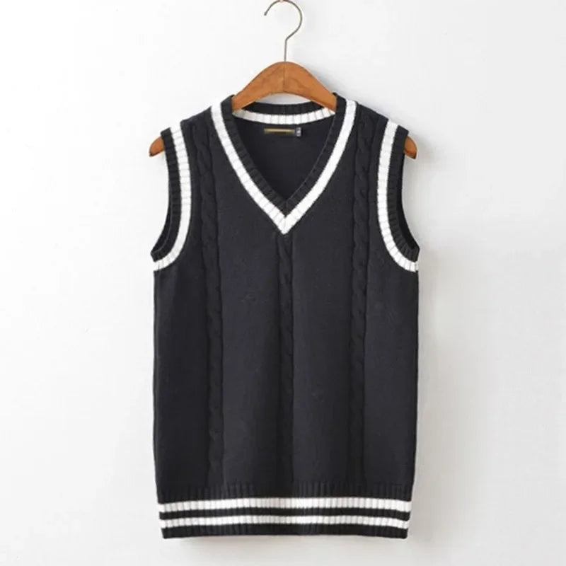Striped White Knitted Sweaters for Men Blue Sleeveless Man Clothes V Neck Vest Red Waistcoat Jumpers Sweat-shirt Cotton