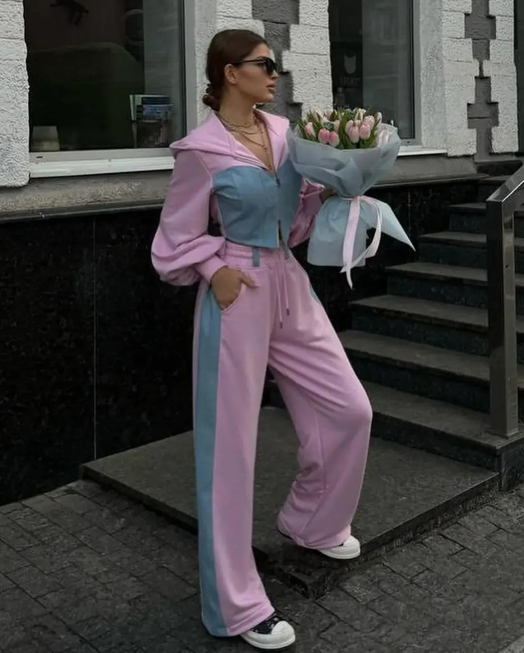 Casual Contrast Hoodies Pants Sets Women Slim Zipper Short Hooded Coats Lace Up Wide Leg Pant 2025 Autumn Lady Fashion Tracksuit