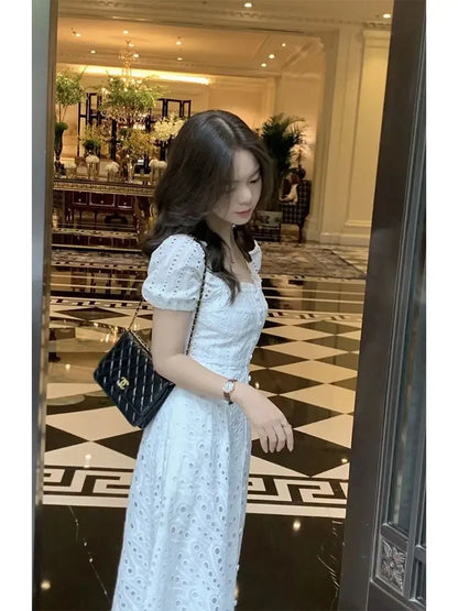 Summer Elegant Korean Chic White Midi Dress Women French Hollow Out Sexy Kawaii Vestidos De Fiesta Fashion Short Sleeve Dress