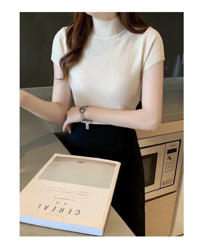 Fashion Woman Blouses 2025 Short Sleeve Summer Tops Blouse Women Turtleneck Knitted Blouse Shirt Women's Tops And Blouses