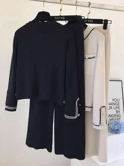 Women Casual Knitted 2 Pieces Sets Korean Cropped Knitwear Sweater Cardigan Tops Conjuntos High Waist Ankle Length Pants Suits