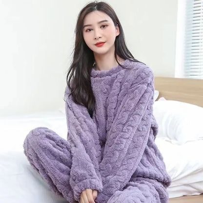 Fleece Women Pajamas Set Winter Sleepwear Solid Velvet 2 Piece Pant Home Suit Fluffy Casual Pajama Warm O-neck Night Wear