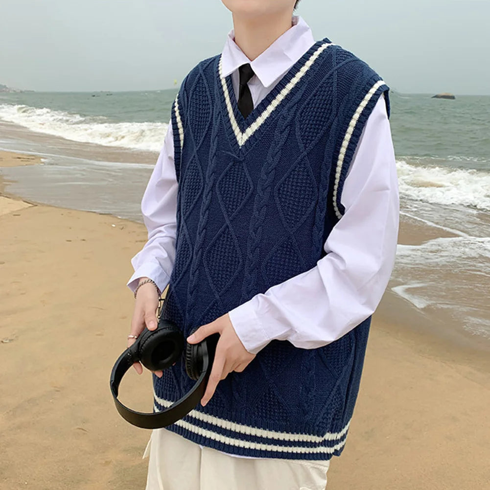 Men's Classic Contrast Color Thermal V-Neck Comfortable Cardigan Sleeveless Slight Stretch Solid Vest Simple Loose Waistcoat Tops