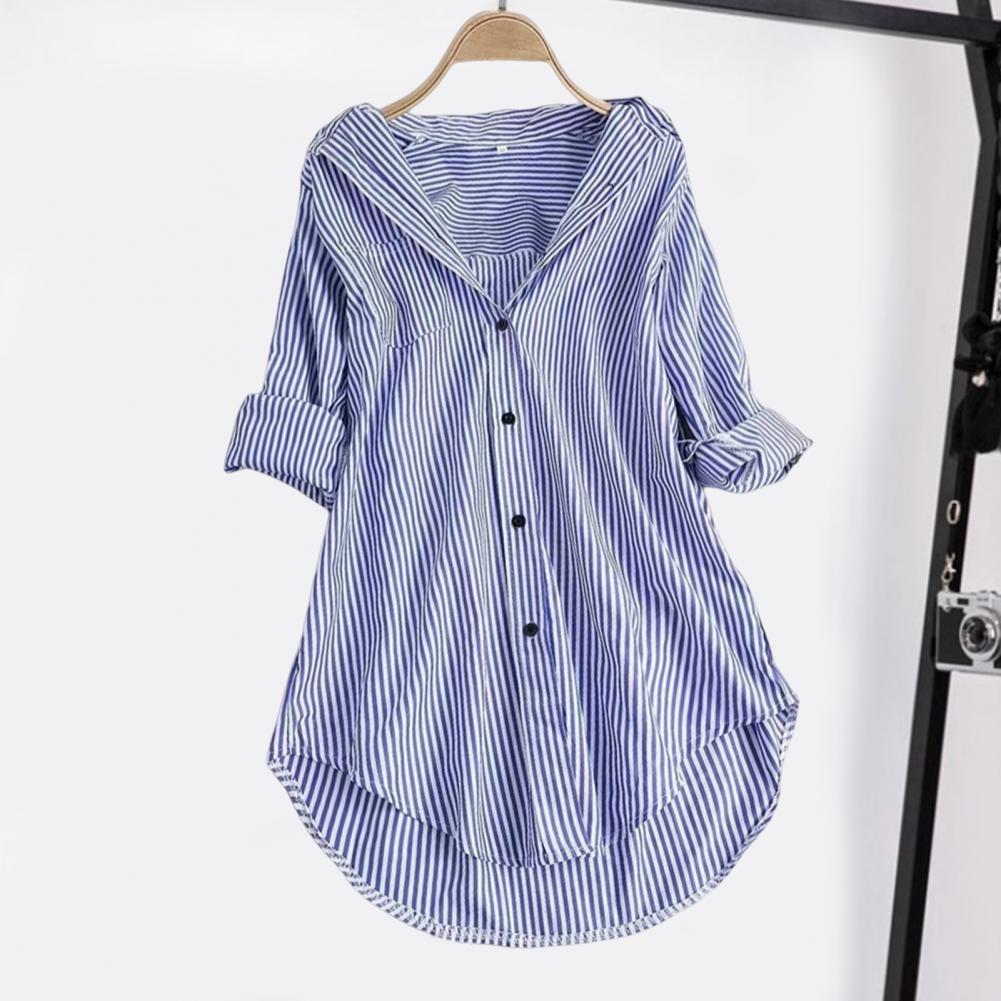 M-4XL Women Tunic Shirt Striped Long-sleeves V Neck Mid Long Turn-down Collar Loose Fit Casual Summer Elegant Ladies Blouse Top