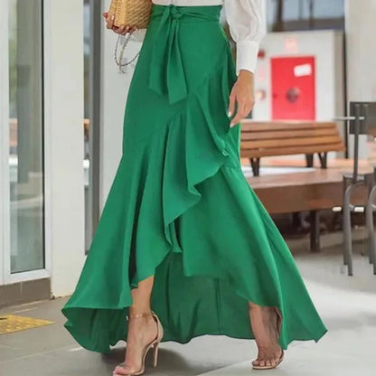 Spring Autumn Women Long Skirt High Waist Lace-up Ruffle Trim Plaid Print Bow Tie Irregular Hem Maxi Skirt Female 2025 New