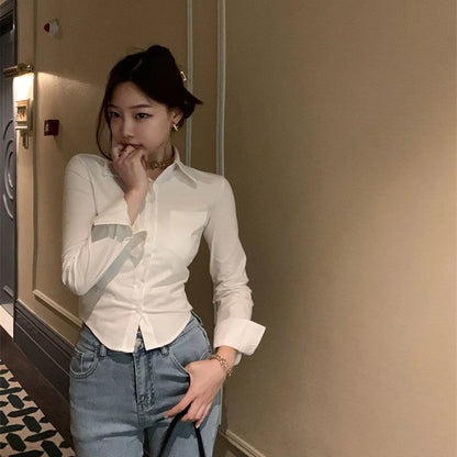 Korean White Office Women Chiffon Shirt Pocket Button Lapel Ladies Blouse Spring Commuter Long Sleeve New Female Crop Tops