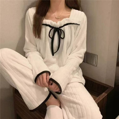 Square Collar Women Pajamas Set Winter Sleepwear Fleece Velvet 2 Piece Pant Home Suit Fluffy Korean Solid Pajama Warm Night Wear