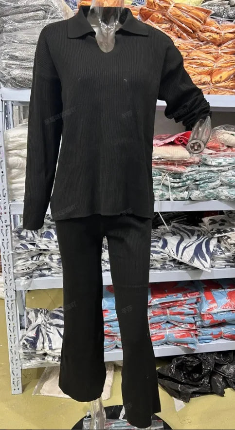 Two Piece Pant Sets Women Knit Sweater V Neck Full Sleeve Splice Loose Fit Trousers Matching Sets Thick Pants Casual Office Lady