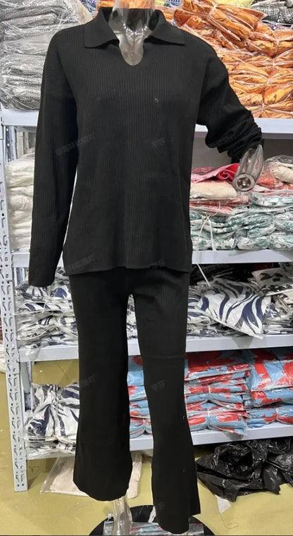 Two Piece Pant Sets Women Knit Sweater V Neck Full Sleeve Splice Loose Fit Trousers Matching Sets Thick Pants Casual Office Lady