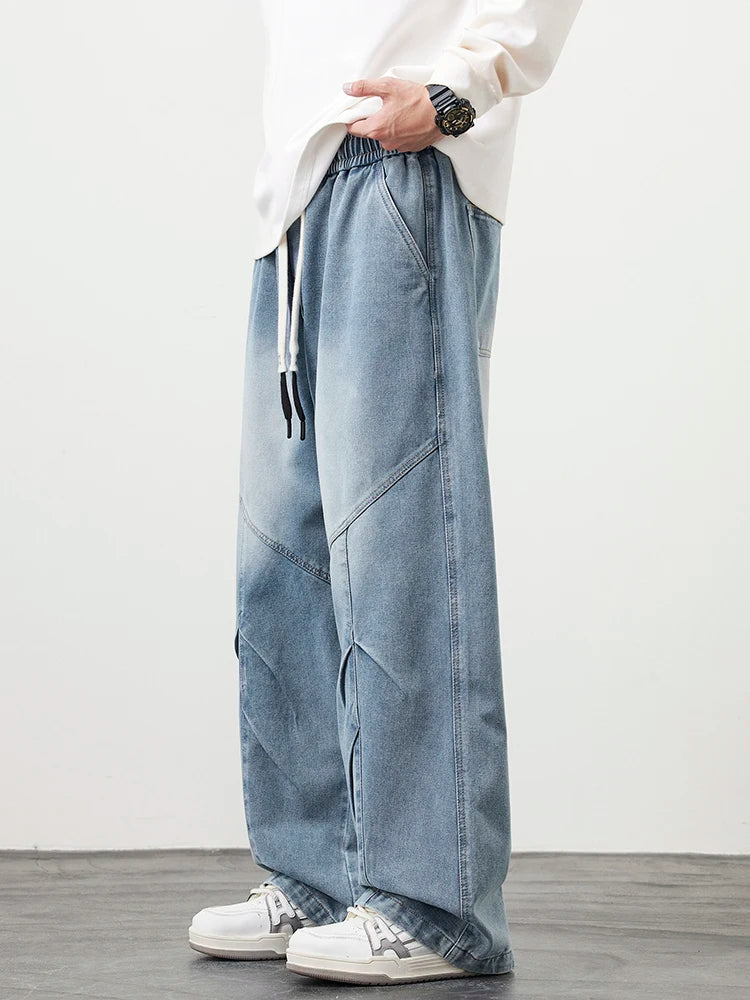 Big Size Men's Jeans 8XL 7XL 6XL String Banding Wide Leg Straight Denim Pants Washed Cotton Casual Baggy Jean Trousers Male
