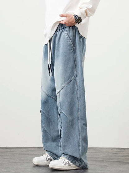 Big Size Men's Jeans 8XL 7XL 6XL String Banding Wide Leg Straight Denim Pants Washed Cotton Casual Baggy Jean Trousers Male