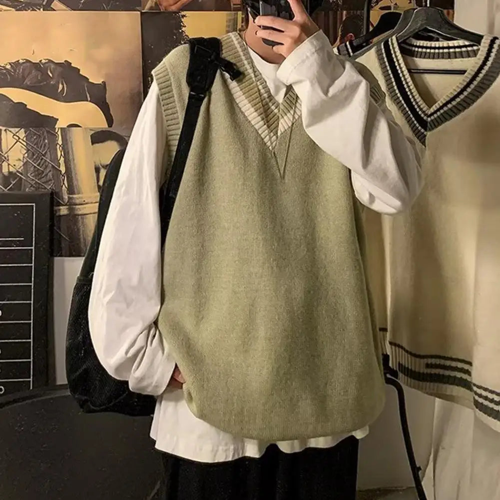 Men Asymmetrical Pattern Sweater Couple Matching Sweaters Color block V Neck Men's Vest Sweater Preppy Business Style for Mid