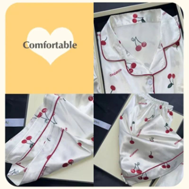 Cherries Print Two Pieces Pajamas Set Summer Faux Stain Pajamas Fashion Home Clothes Ladies Casual Shorts and Top Set Pyjamas