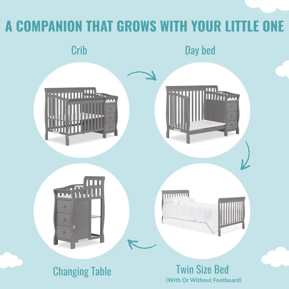 4-in-1 Mini Convertible Crib And Changer in Storm Grey, Greengard Gold Certified, Non-Toxic Finish