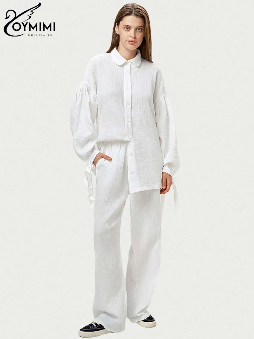 Oymimi Fashion Brown Print Two Piece Set For Women Elegant V-Neck Long Sleeve Lace-Up Shirts And Straight Full Length Pants Sets