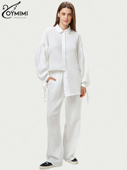 Oymimi Fashion Brown Print Two Piece Set For Women Elegant V-Neck Long Sleeve Lace-Up Shirts And Straight Full Length Pants Sets