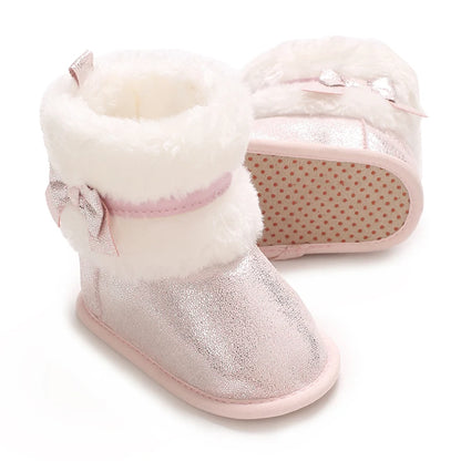 Suefunskry Newborn Baby Girl Winter Warm Plush Boots Shiny Flats with Cute Bows Casual Walking Shoes for Toddler Infant