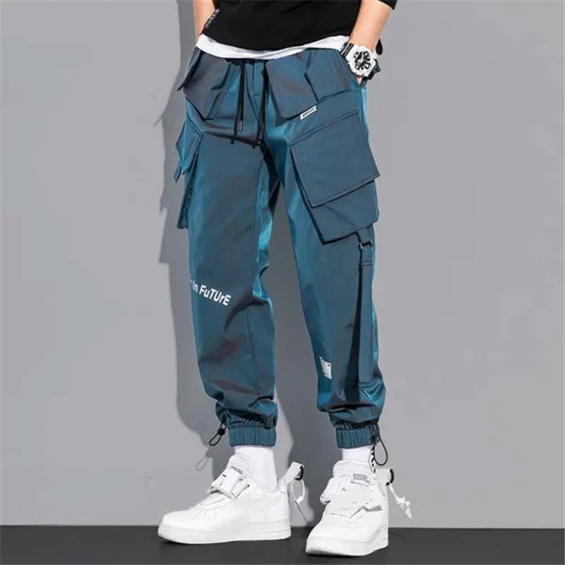 Thin Streetwear Casual Pants Men Ribbons Harem Jogging Pants Male Slim Fit Spring Cargo Pants Multi-Pockets Women Trouser