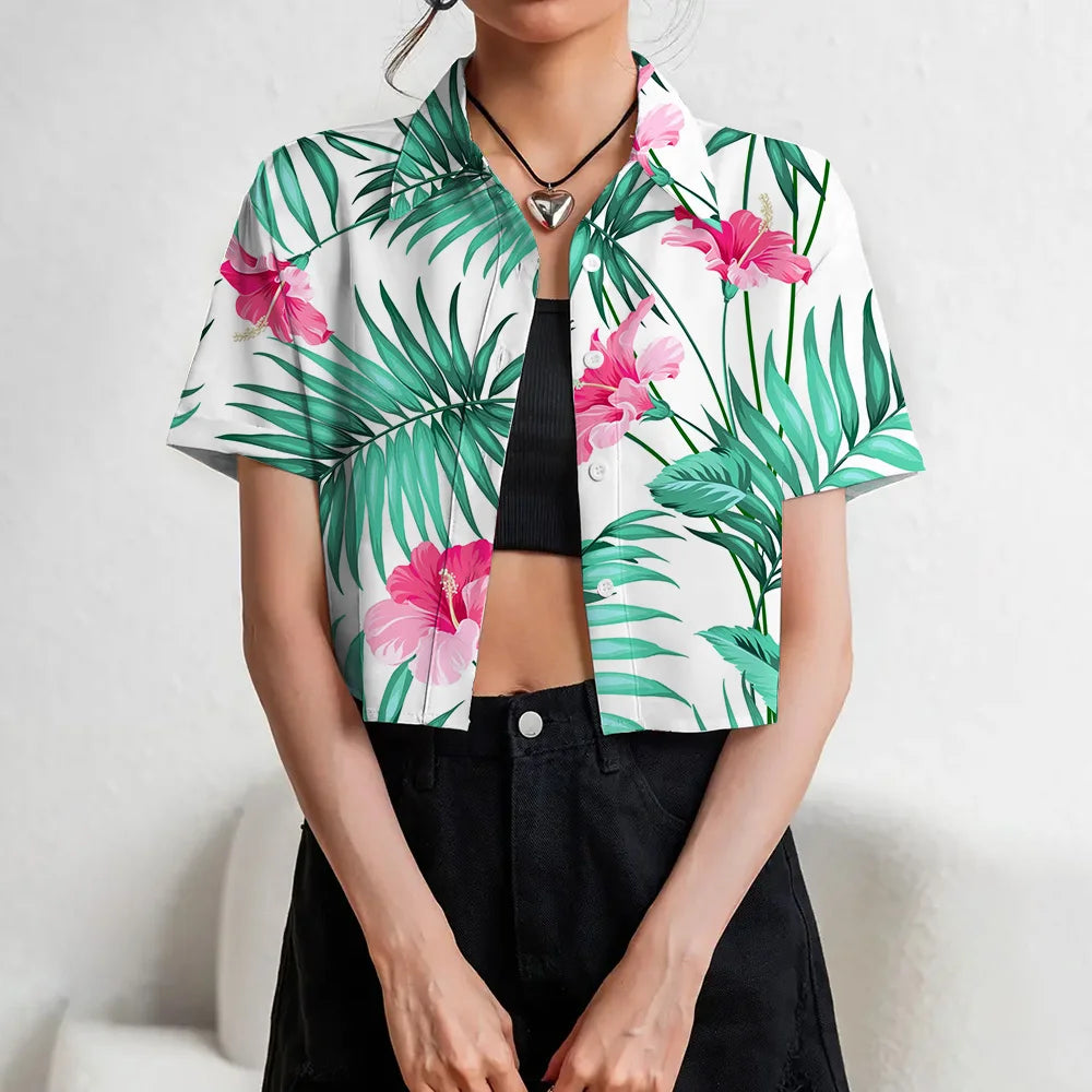 Women's Lapel Button Tank Tops Shirts Summer Casual Short Sleeve Shirts 3D Cherry Printed Women's Clothing Navel Exposed Shirts