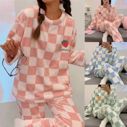 Autumn Winter Kawaii Cartoon Pajama Sets Women Pajamas Plaid Flannel Long Sleepwear Girl Pajama Night Suits Home wear PJ Suit