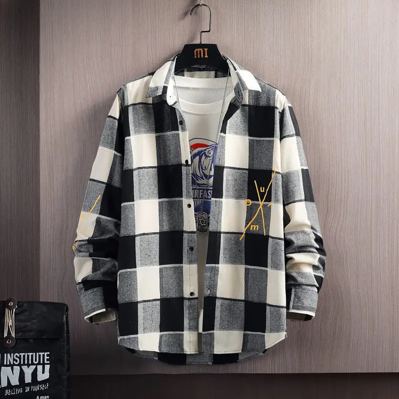 2025 Spring and Autumn Men's Lapel Loose Plaid Button Printed Pocket Casual Fashion Elegant Commuting Long sleeved Shirt
