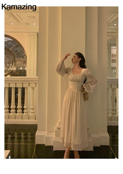 Elegant Square Collar Lace Dress Princess Evening Party Midi Dresses Women Autumn High Waist A-line Prom Robe One Piece Vestidos