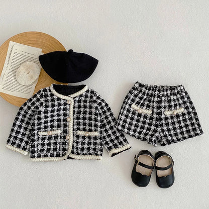 Autumn Winter Korean Style Newborn Baby Girls Clothing Set Long Sleeved Plaid Cardigan Coat+ Shorts 0-3Yrs Children Clothes Suit