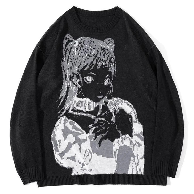 Oversized Sweater Men Women Harajuku Anime Girl Graffiti Vintage Knitted Sweater 2025 Winter Unisex Cotton Pullover Streetwear
