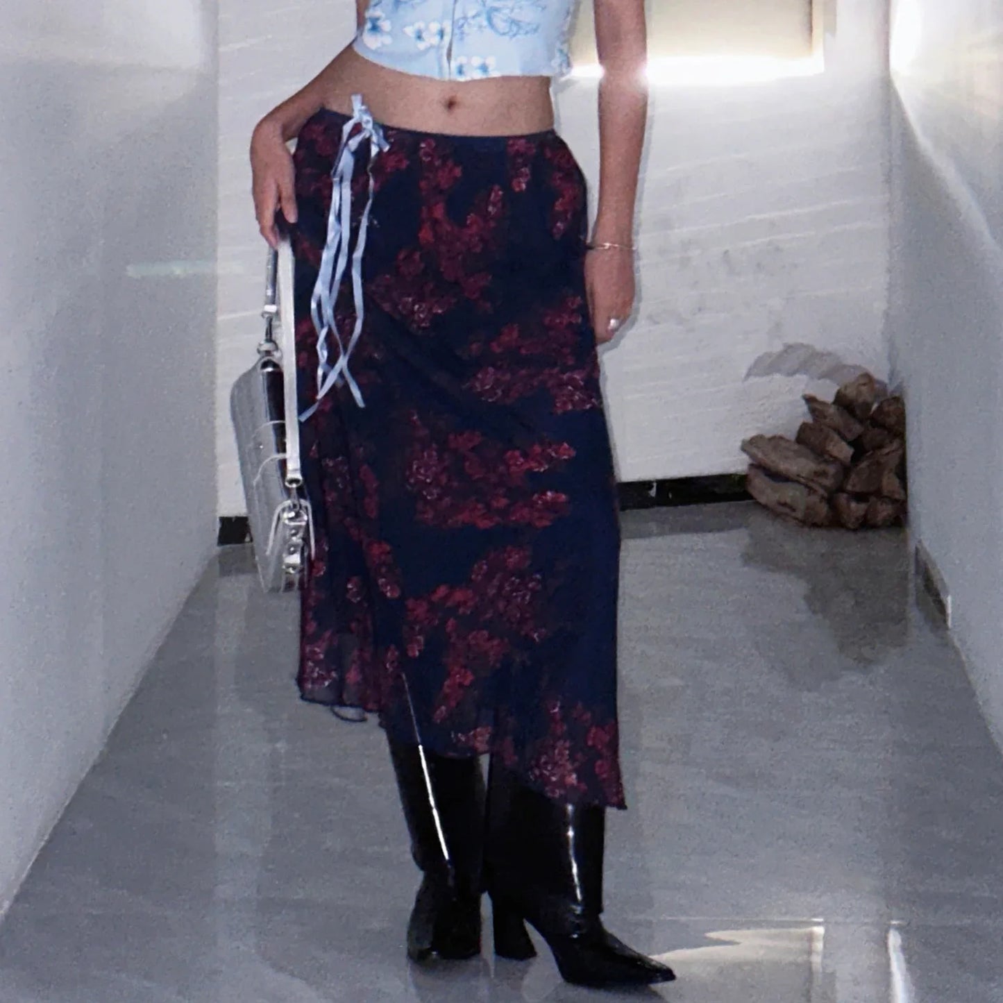 Combhasaki Women's Y2K Retro Vintage Floral Printed High Waist Ruffled Elegant Elastic Waist Long Skirts Street Style Bottoms