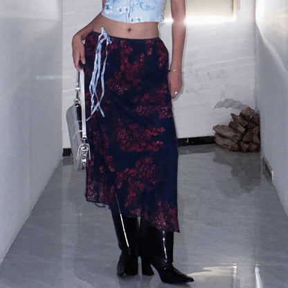 Combhasaki Women's Y2K Retro Vintage Floral Printed High Waist Ruffled Elegant Elastic Waist Long Skirts Street Style Bottoms