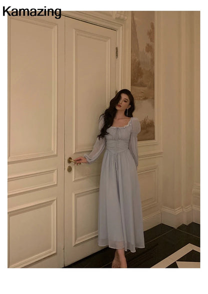 Elegant Square Collar Lace Dress Princess Evening Party Midi Dresses Women Autumn High Waist A-line Prom Robe One Piece Vestidos