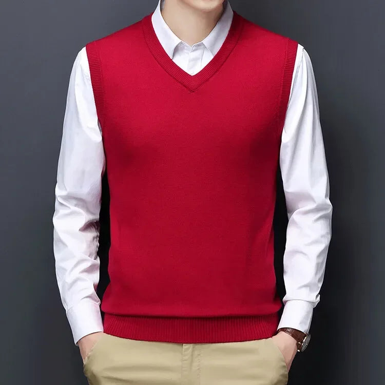 New Men's Autumn High-end Sweater Vest V-neck Warm Knit Sleeveless Men's Clothes Pullover Tops