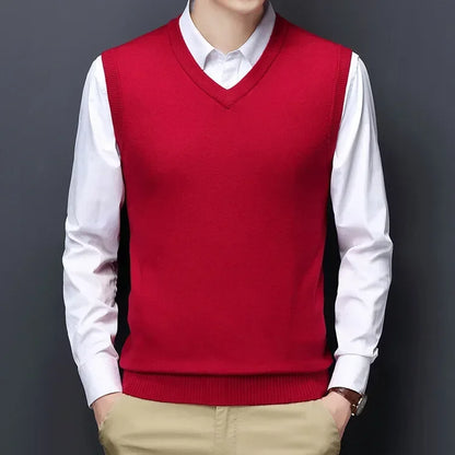 New Men's Autumn High-end Sweater Vest V-neck Warm Knit Sleeveless Men's Clothes Pullover Tops