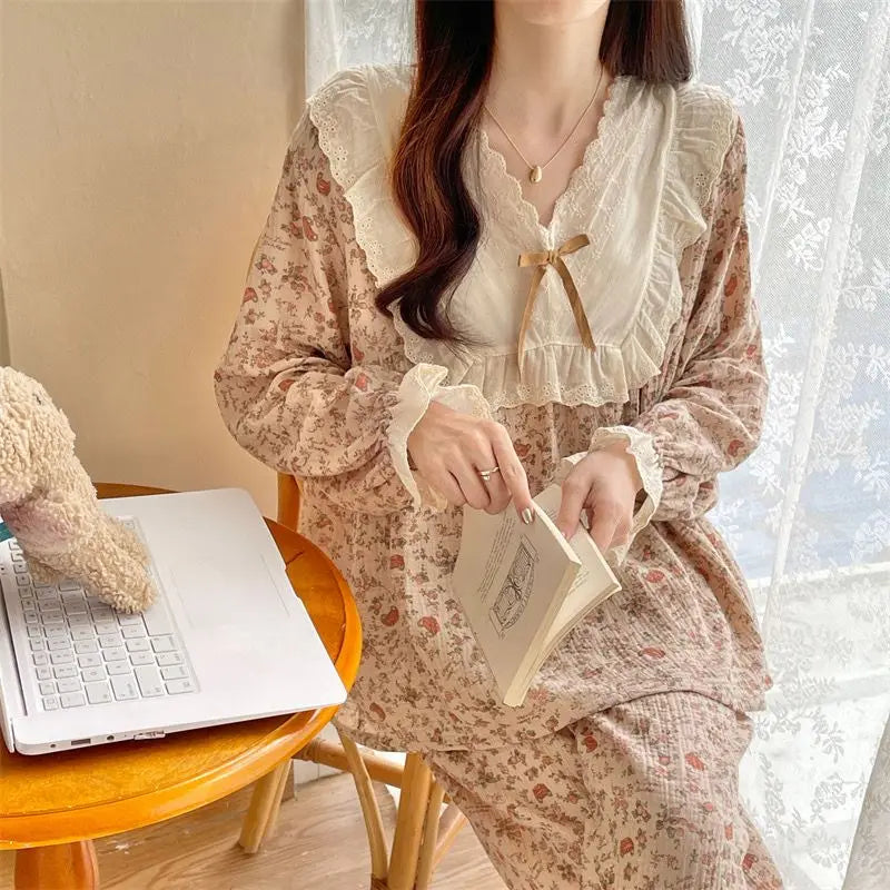 Pajama Sets Women Comfortable Daily Print Design Sweet Autumn Popular Attractive Ulzzang V-Neck Students Holiday Elegant Trendy