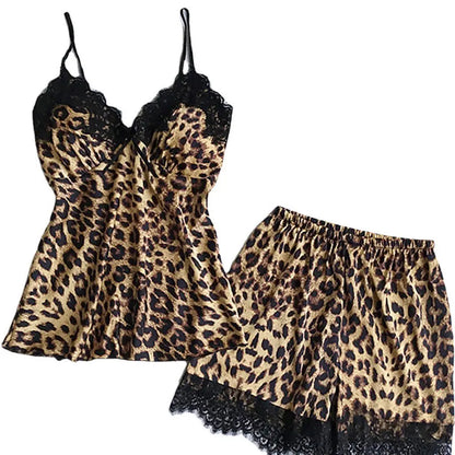 Summer Leopard Print Lace Splicing Pajamas 3 types Women Sexy Robe Vest Shorts Set Soft Sleeveless Deep V-Neck Home Pajamas Robe