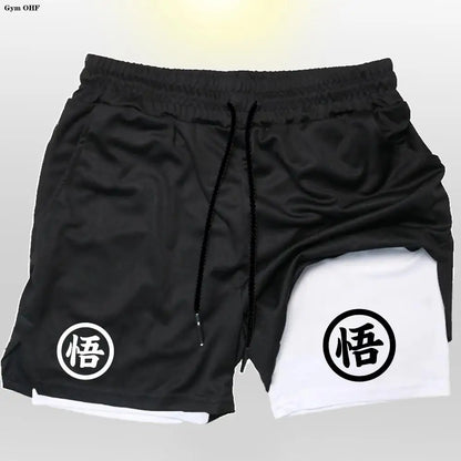 Goku Anime Running Shorts Men Fitness Gym Training 2 in 1 Sports Shorts Quick Dry Workout Jogging Double Deck Shorts