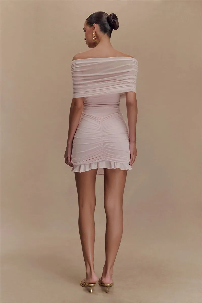Mozision Mesh Strapless Off-shoulder Sexy Ruffled Mini Dress For Women Fashion Backless High Waist Female Ruched Party Dress