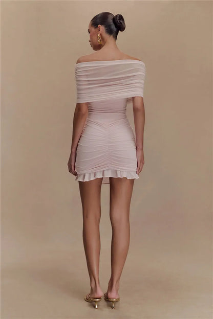 Mozision Mesh Strapless Off-shoulder Sexy Ruffled Mini Dress For Women Fashion Backless High Waist Female Ruched Party Dress