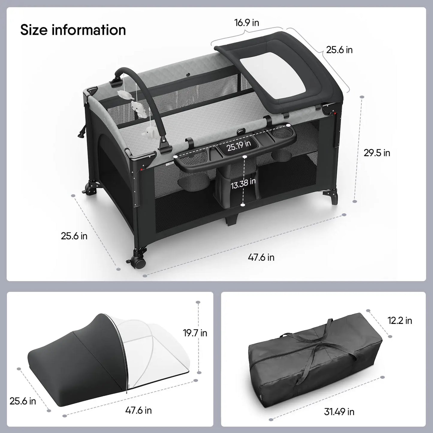 4 in 1 Baby Bassinet, Pack and Play, Bedside Crib Sleeper, Diaper Changer - Comes with Mattress, Mosquito Net Bottom Storage