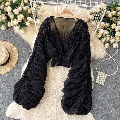 Women Sexy Chiffon Short Blouse Female See Through Super Long Sleeve Purple/Green/Black/White Folds Party Tops 2025 New