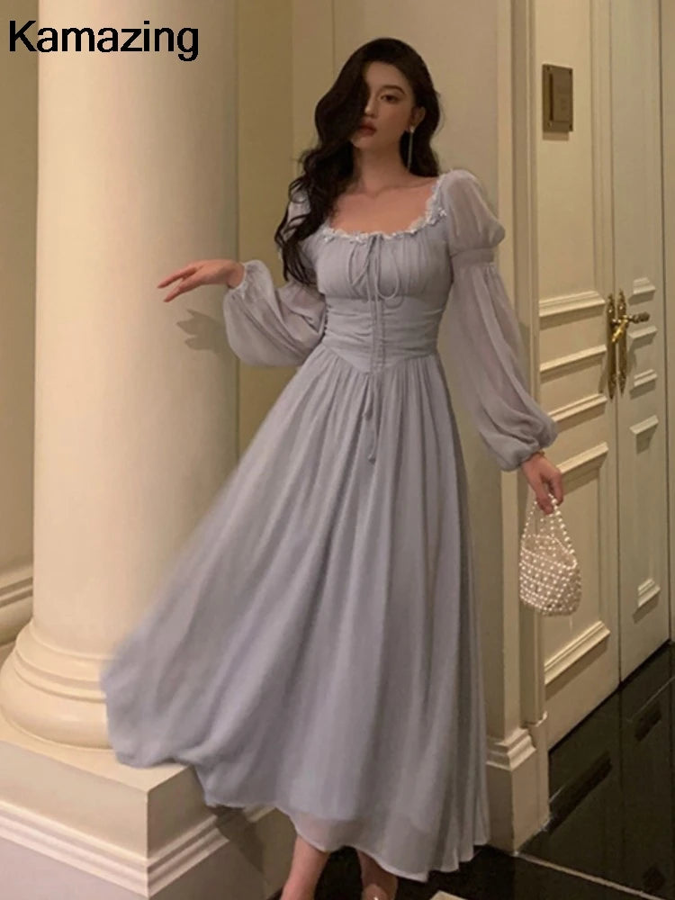 Elegant Square Collar Lace Dress Princess Evening Party Midi Dresses Women Autumn High Waist A-line Prom Robe One Piece Vestidos